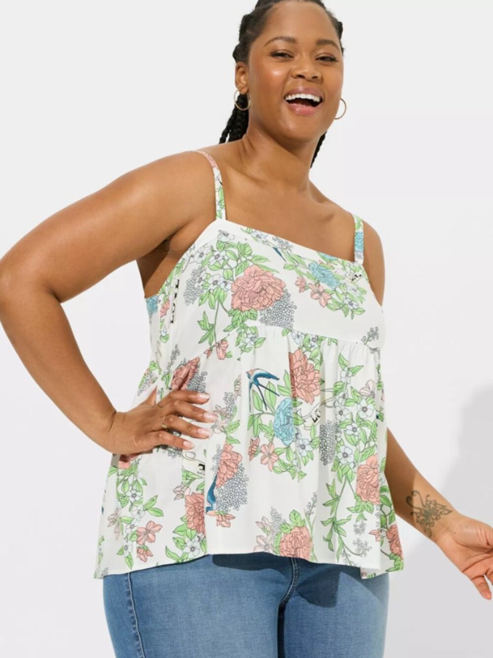 Torrid Floral Bird Babydoll Tank Size 1 1X Square Neck Challis